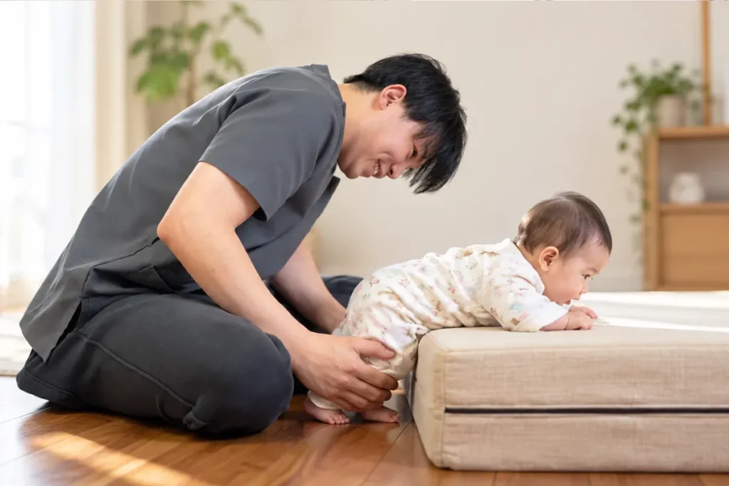 子どもの自宅で訪問リハビリを行う理学療法士